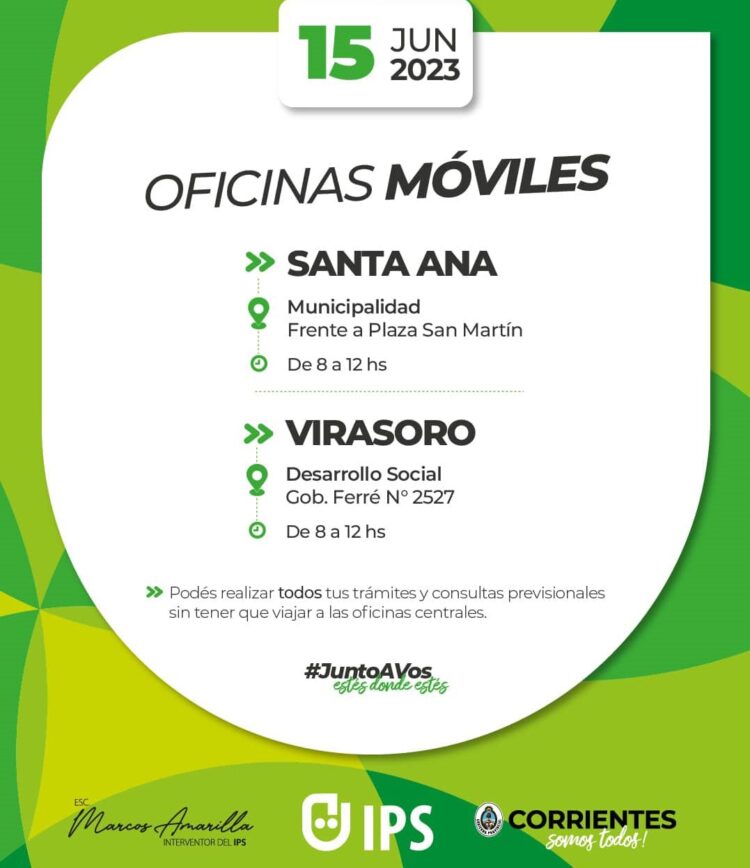 ESTE JUEVES LAS OFICINAS MÓVILES DEL IPS ATENDERÁN EN VIRASORO