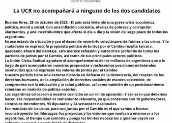 LA UCR DA LIBERTAD DE ACCIÓN A SUS VOTANTES DE CARA AL BALLOTAGE