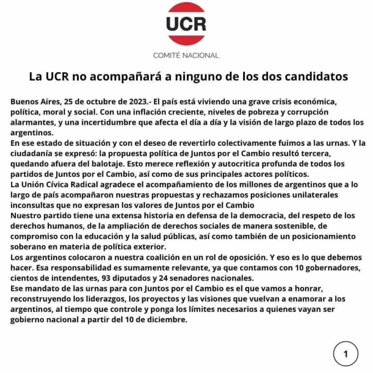 LA UCR DA LIBERTAD DE ACCIÓN A SUS VOTANTES DE CARA AL BALLOTAGE